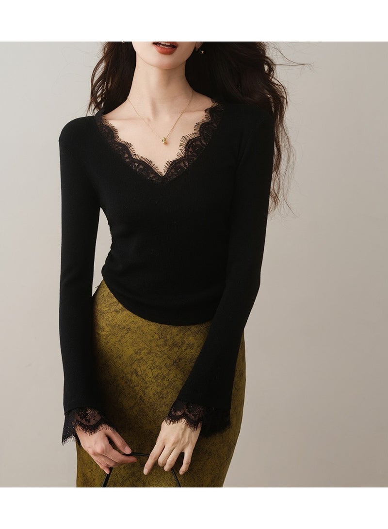 Sellcy women's Elegant Lace Trim Long Sleeve Knit Top Soft Slim Fit Daily Blouse,black color - Image 1